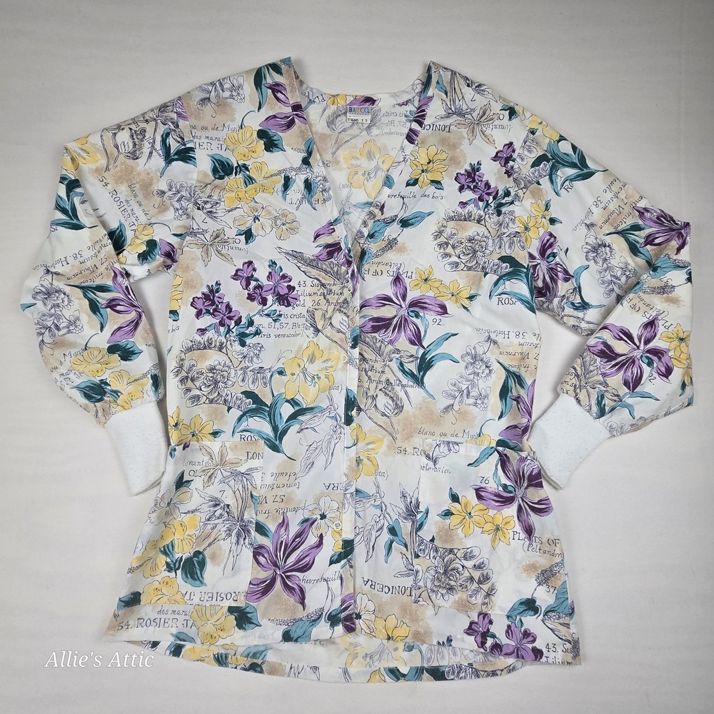 Long Sleeve Scrub Top Vintage Floral Uniform Shirt Workwear Purple Barco Small‎